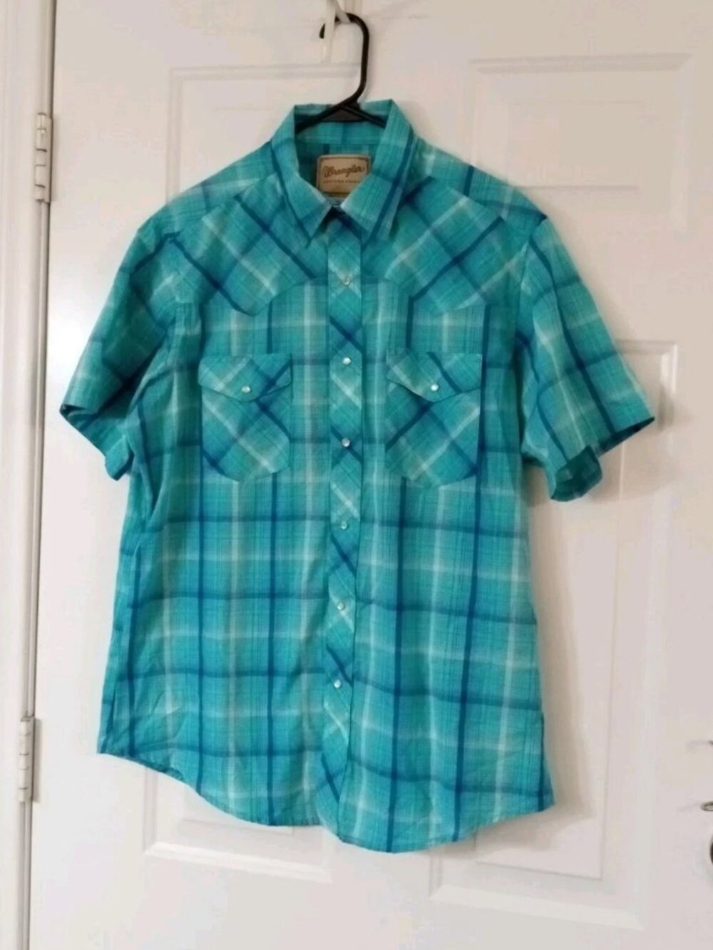 Wrangler Pearl Snap Western Rodeo Shirt Men's Large Blue Plaid Short Sleeves